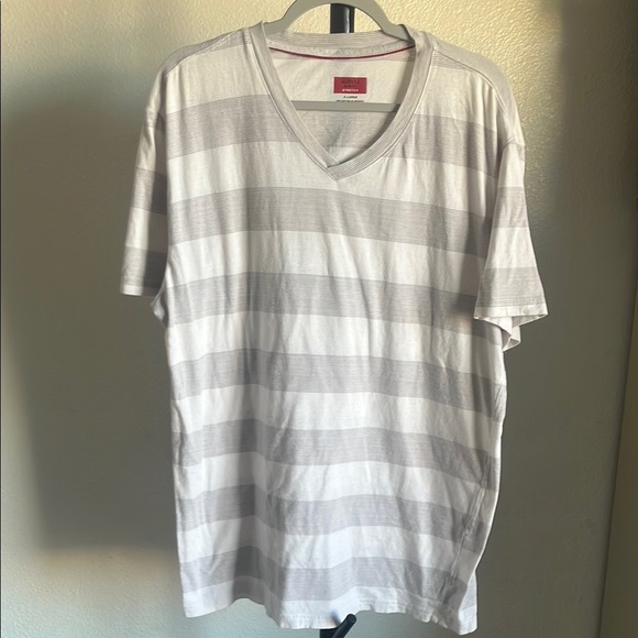 Alfani Gray and White Striped V-Neck Tee - Picture 1 of 4